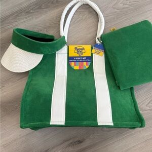 Banana Boat Retro Kelly Green Terry Cloth Large Tote, Sun Visor & Wet Bag New